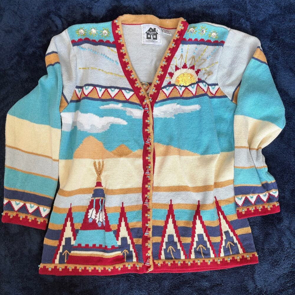Storybook Knits Beaded Southwestern Cardigan L Turquoise Cotton Ramie Boho